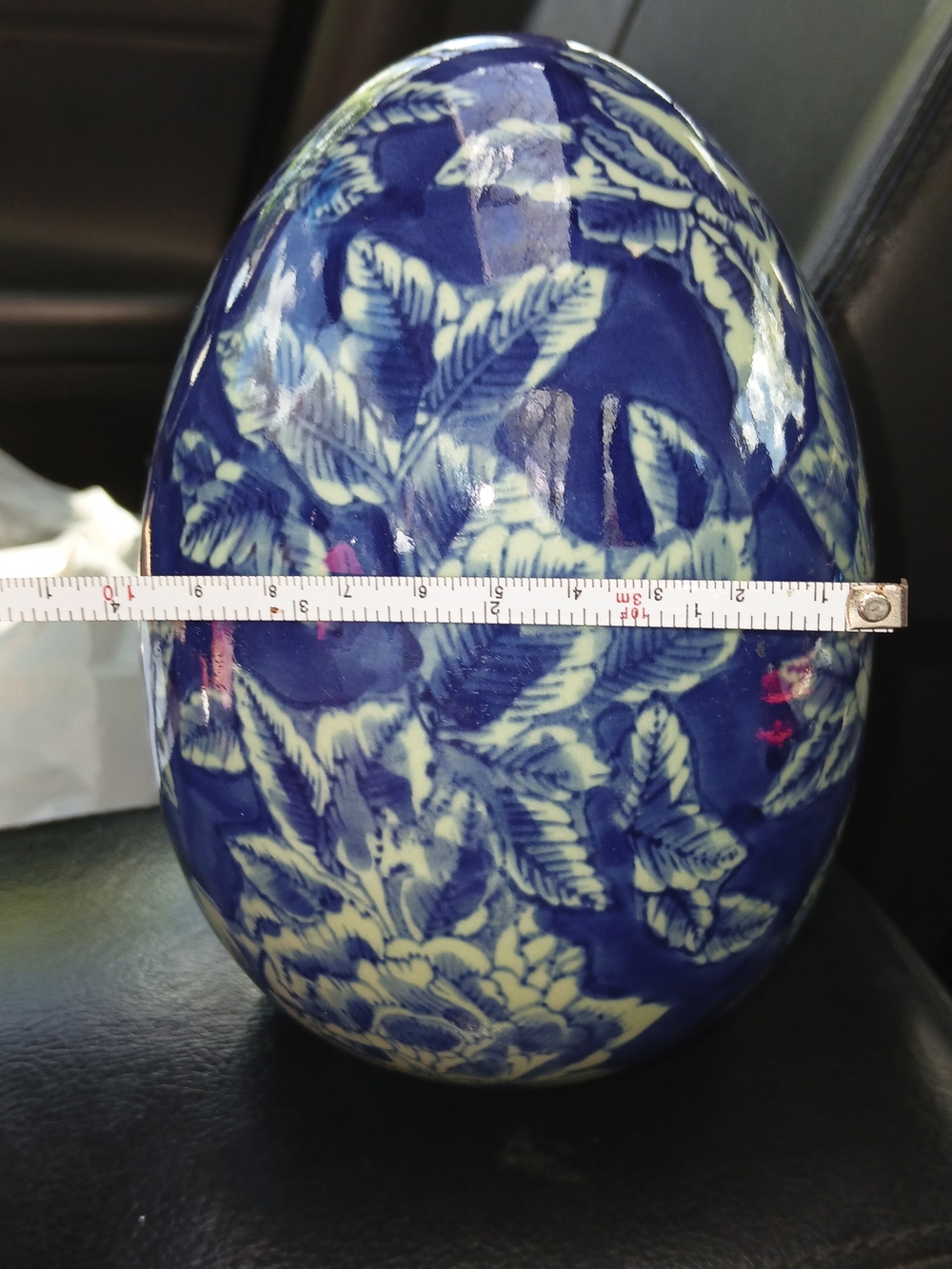 Blue and Cream Floral Ceramic Egg Vase